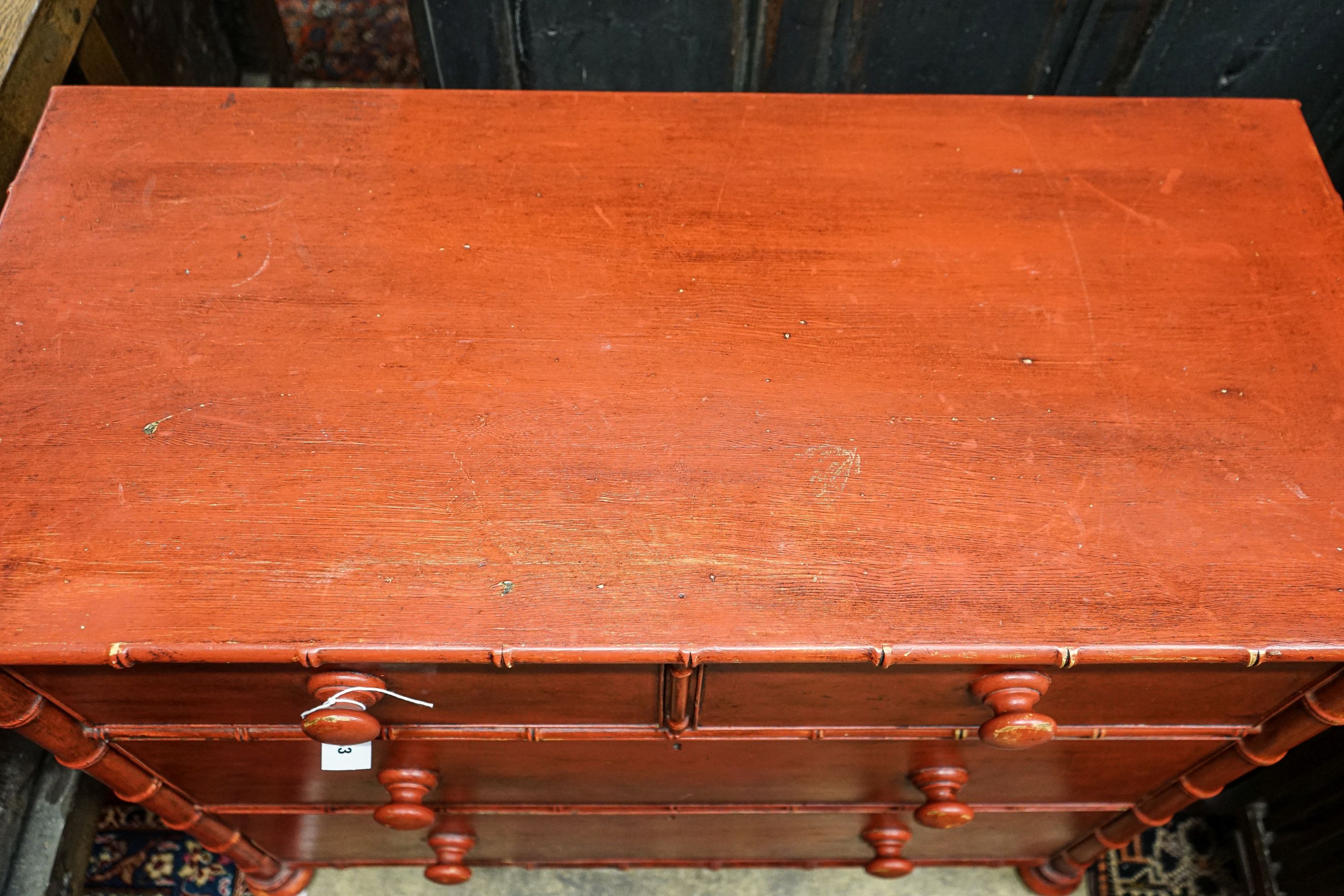 A Victorian faux bamboo turned painted pine chest, width 104cm, depth 49cm, height 86cm